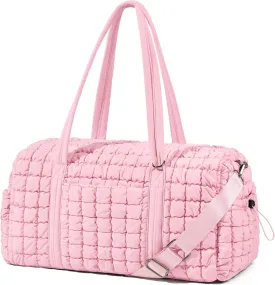 Quilted Travel Duffle Bag for Women Weekender Bag Large Puffer Overnight Bags Soft Puffy Duffel Bag Carry on Gym Bag Lightweight Personal Item Travel Bag for Trips Business Sport Airplane (Light Pink)