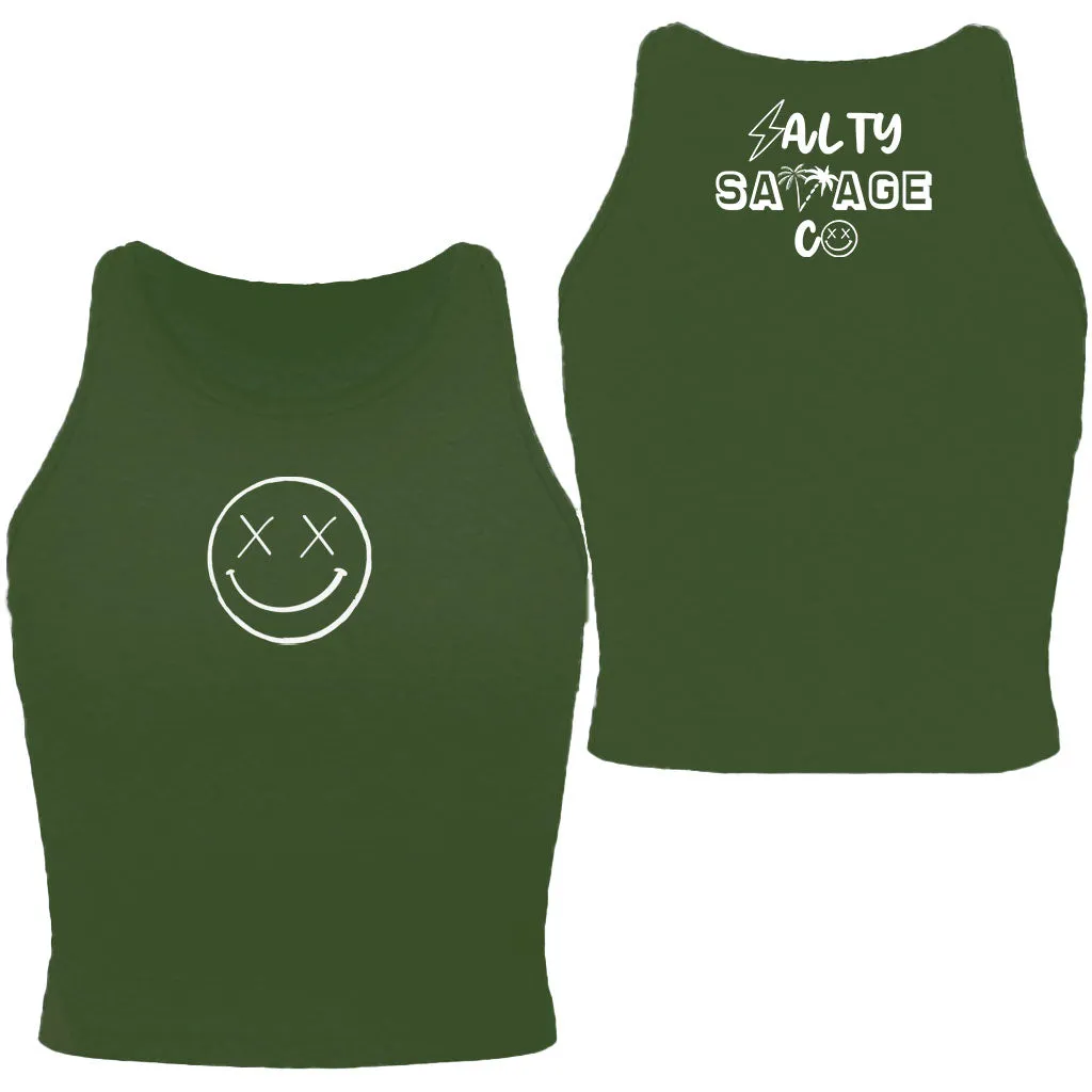 Salty Savage Ladies "OG Smile" High Neck Cropped Tank | Micro | Olive/White