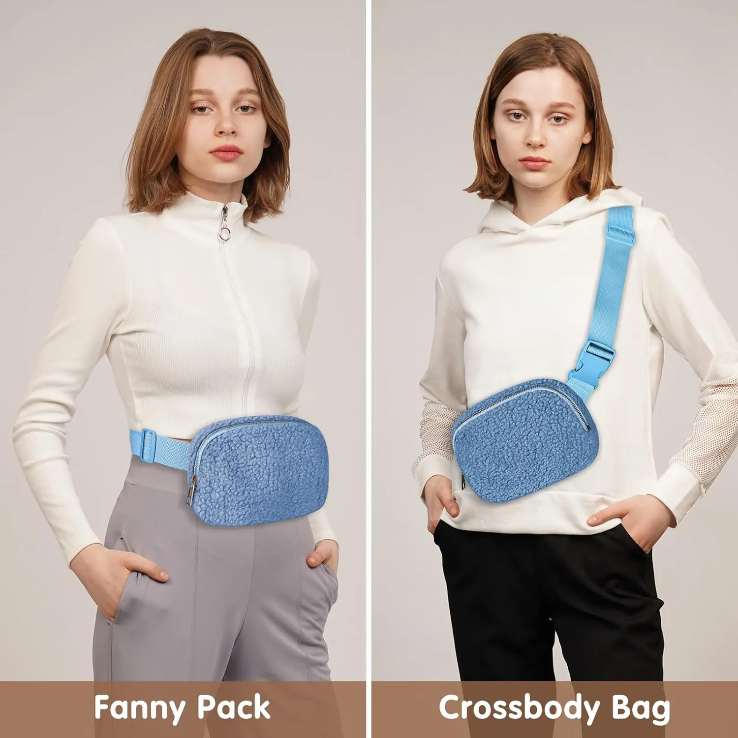 Sherpa Fleece Belt Bag - Crossbody Fanny Pack for Women & Men - Adjustable Strap, Everywhere Bag for Workout, Running, Travelling, Hiking (Blue)