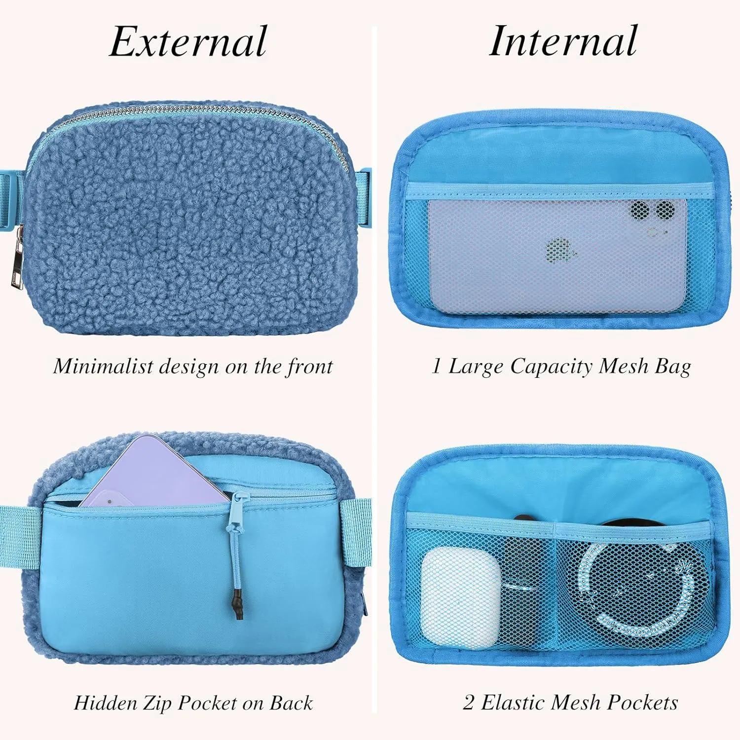 Sherpa Fleece Belt Bag - Crossbody Fanny Pack for Women & Men - Adjustable Strap, Everywhere Bag for Workout, Running, Travelling, Hiking (Blue)