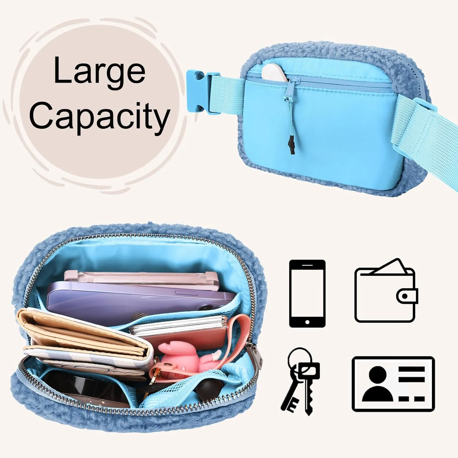 Sherpa Fleece Belt Bag - Crossbody Fanny Pack for Women & Men - Adjustable Strap, Everywhere Bag for Workout, Running, Travelling, Hiking (Blue)