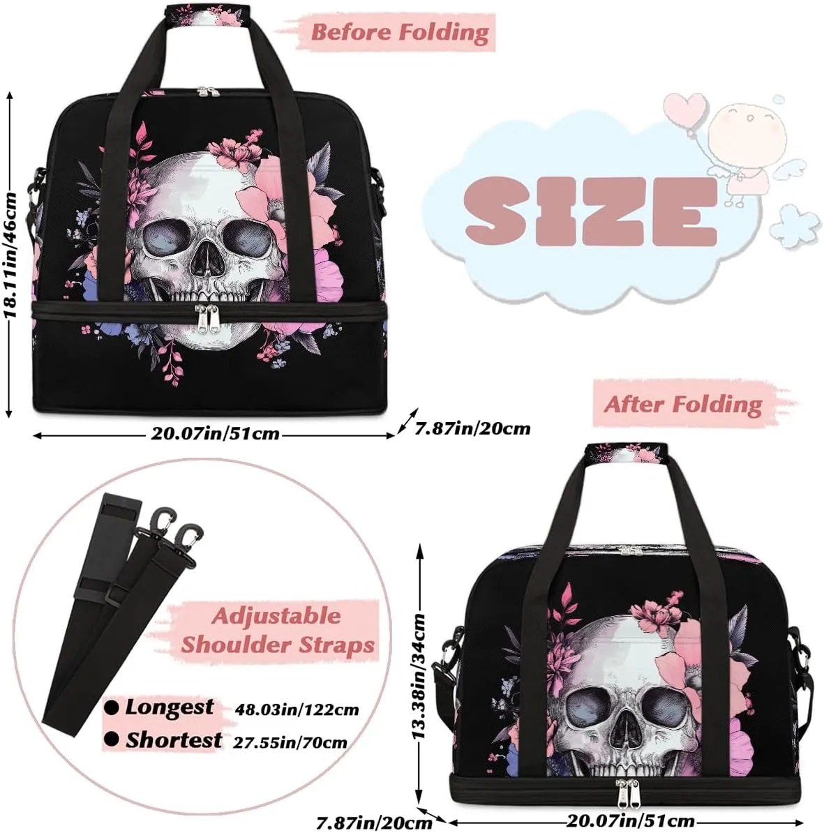 Sports Gym Bag, Sugar Skull Flower Halloween Travel Duffel Bag with Shoes Compartment Waterproof Overnight Bag Workout Weekender Bag Boys Girls Yoga Dance Bag Gym Tote Bag for Women Men