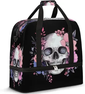Sports Gym Bag, Sugar Skull Flower Halloween Travel Duffel Bag with Shoes Compartment Waterproof Overnight Bag Workout Weekender Bag Boys Girls Yoga Dance Bag Gym Tote Bag for Women Men