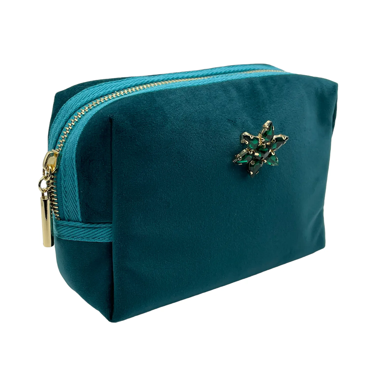 Teal make-up bag & sparkle star pin - recycled velvet