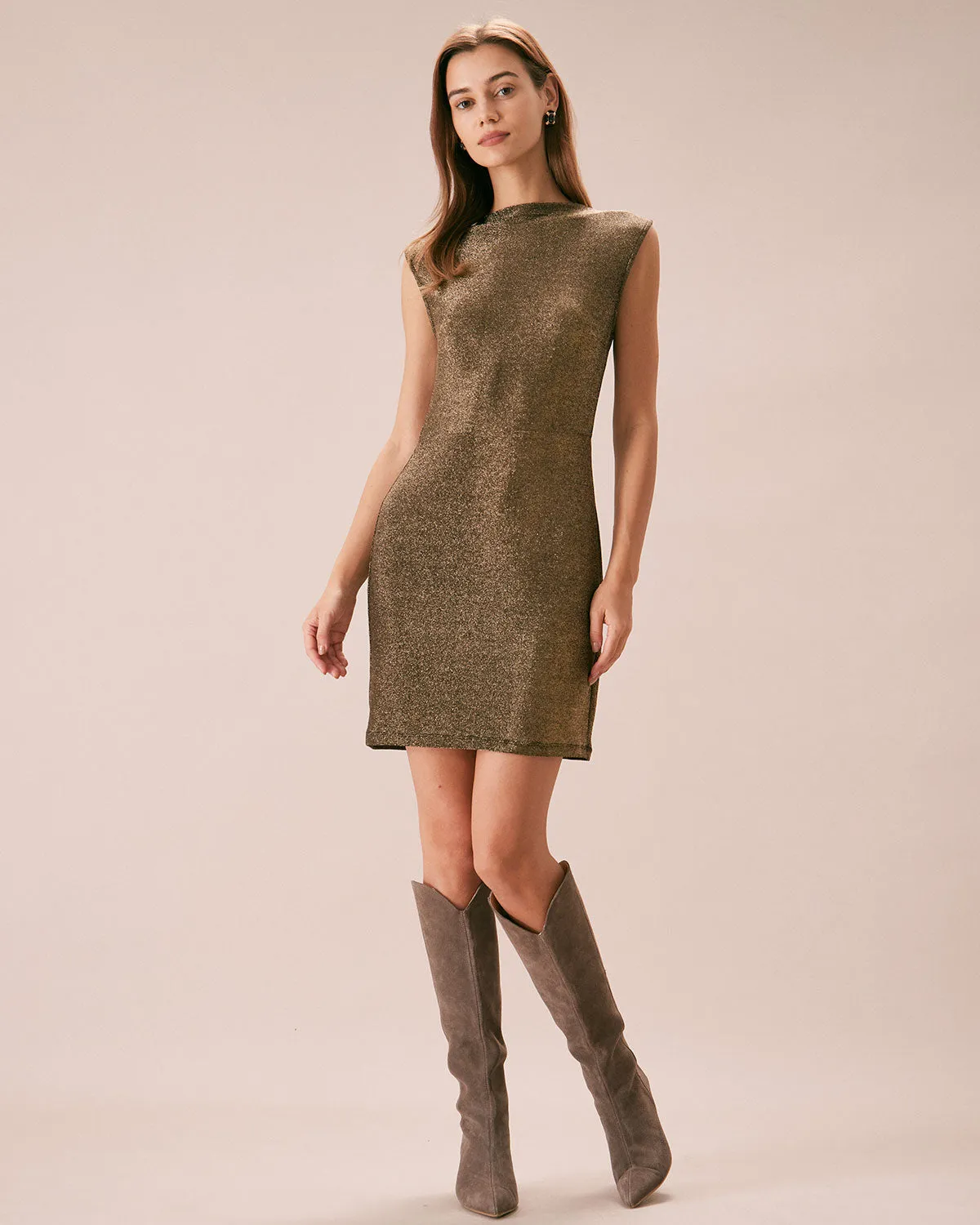 The Gold Mock Neck Lurex Mini Dress