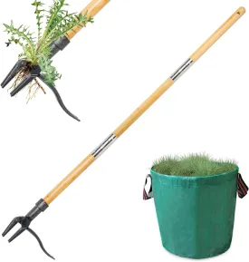 Weed Puller Tool, Stand Up Weed Remover Tool, Gardening Hand Weeding Tool with 48" Handle for Dandelion, Includes a Reusable Garden Waste Bag [2025 Upgraded Weeder]