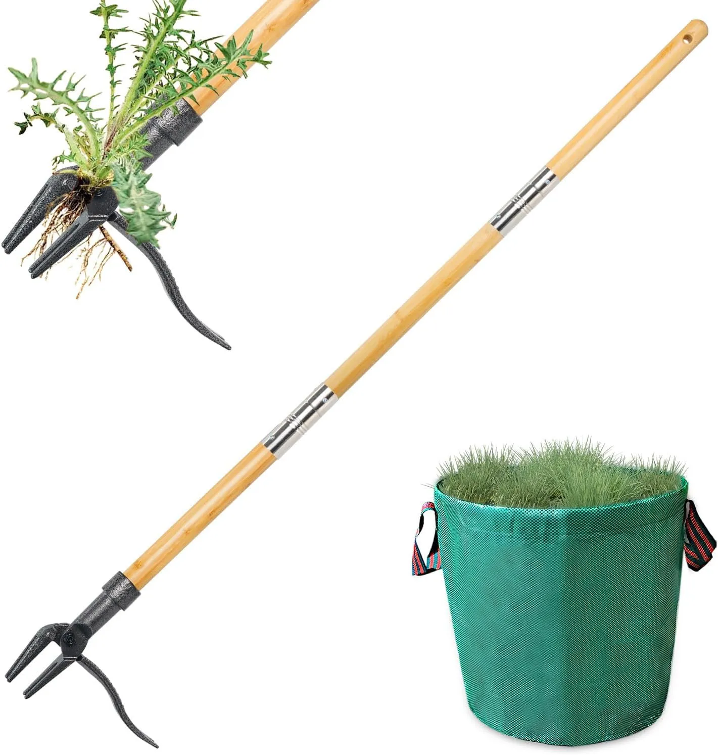 Weed Puller Tool, Stand Up Weed Remover Tool, Gardening Hand Weeding Tool with 48" Handle for Dandelion, Includes a Reusable Garden Waste Bag [2025 Upgraded Weeder]