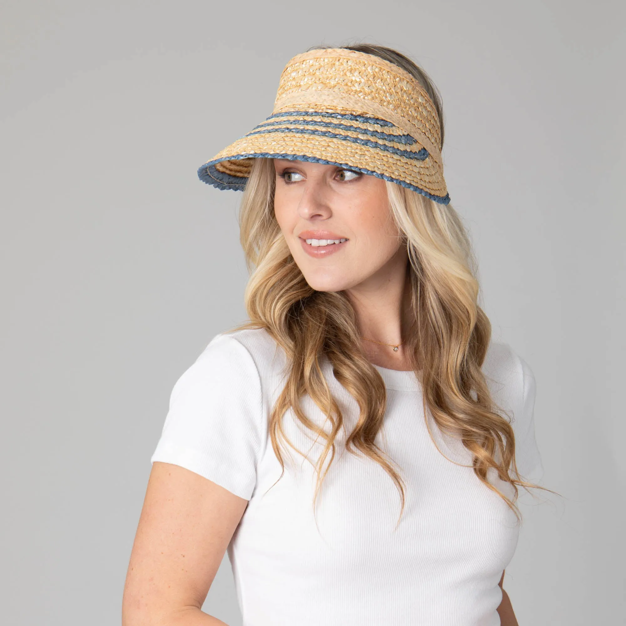 Weekend Getaway - Women's Textured Wheat Straw Visor With Stripe & Velcro Back