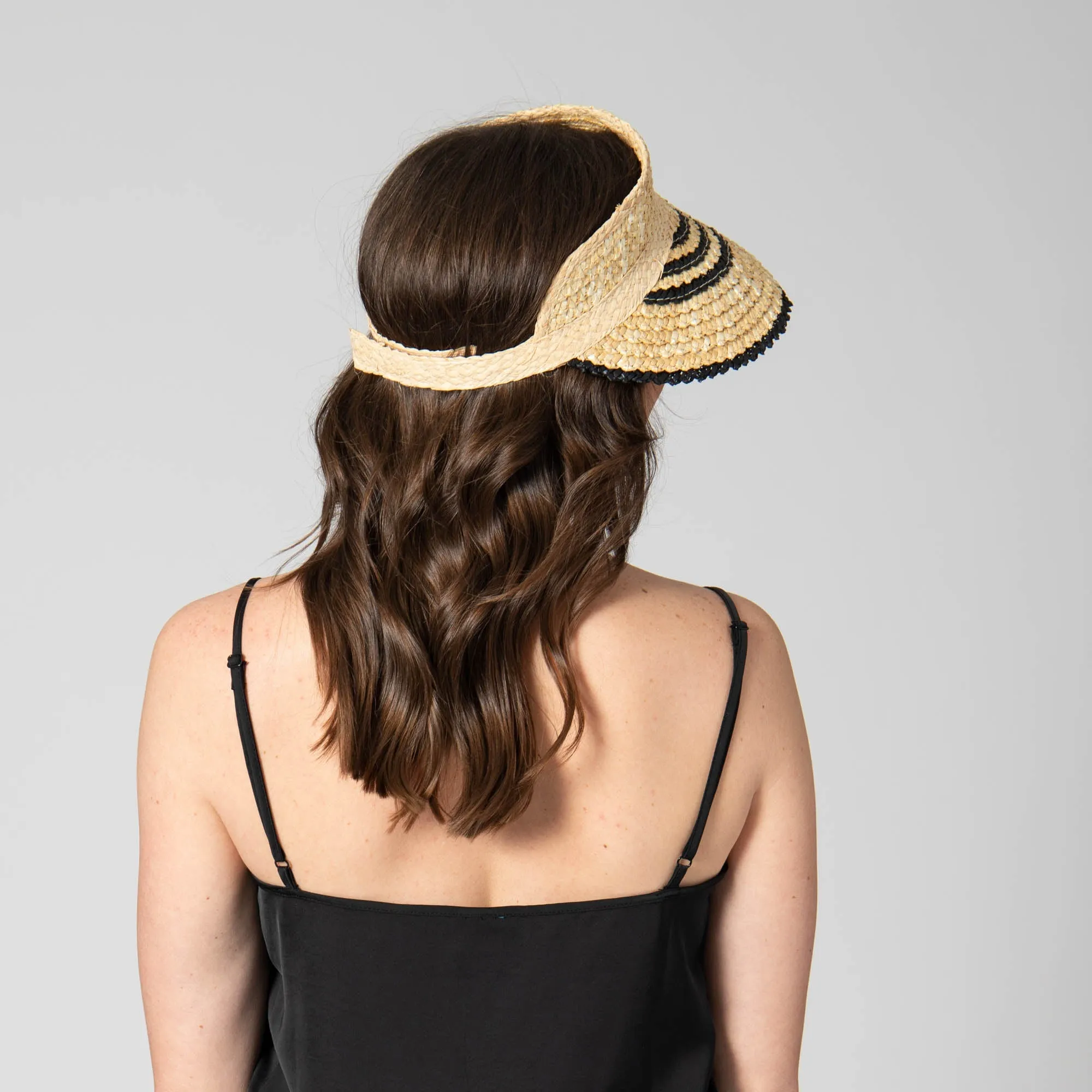 Weekend Getaway - Women's Textured Wheat Straw Visor With Stripe & Velcro Back