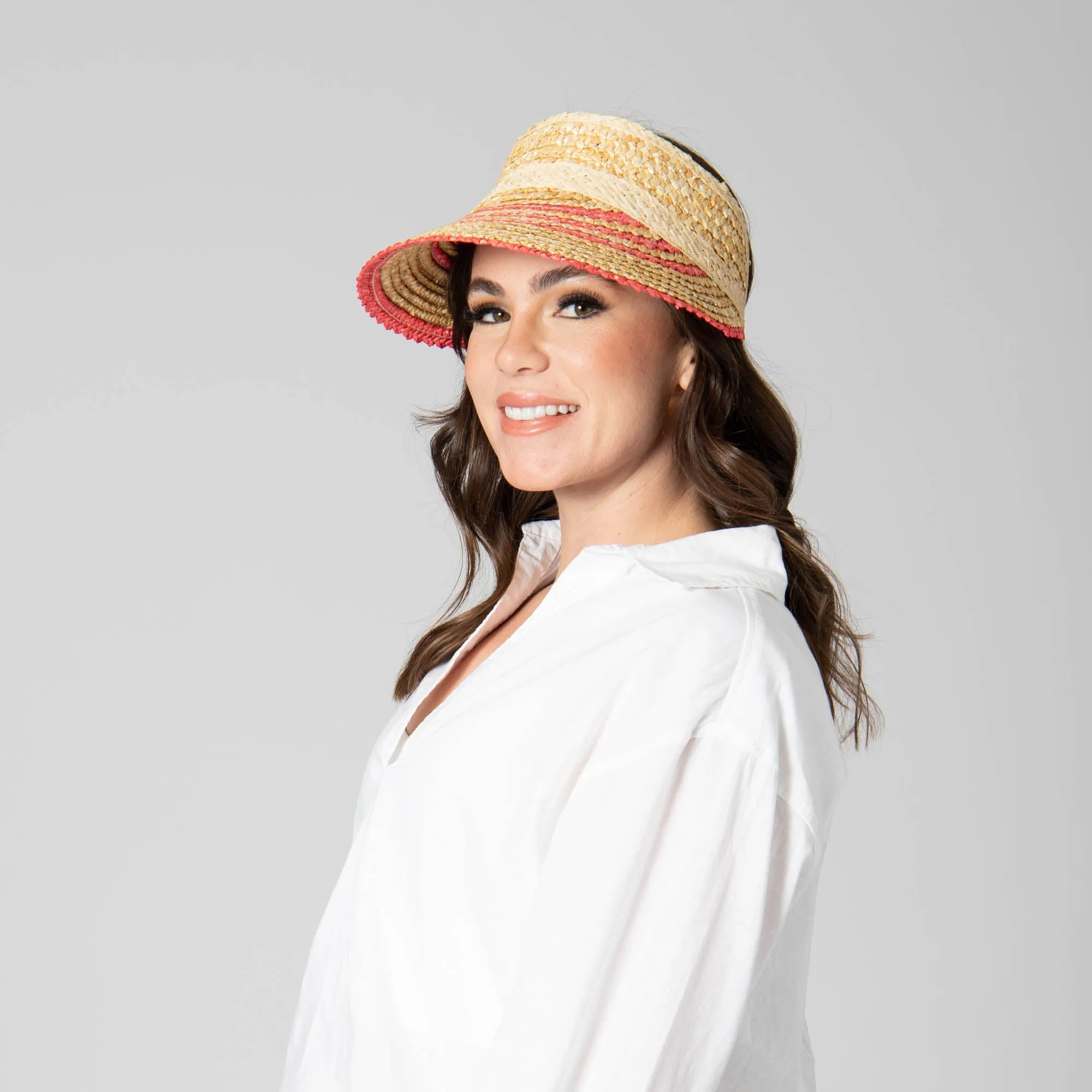 Weekend Getaway - Women's Textured Wheat Straw Visor With Stripe & Velcro Back