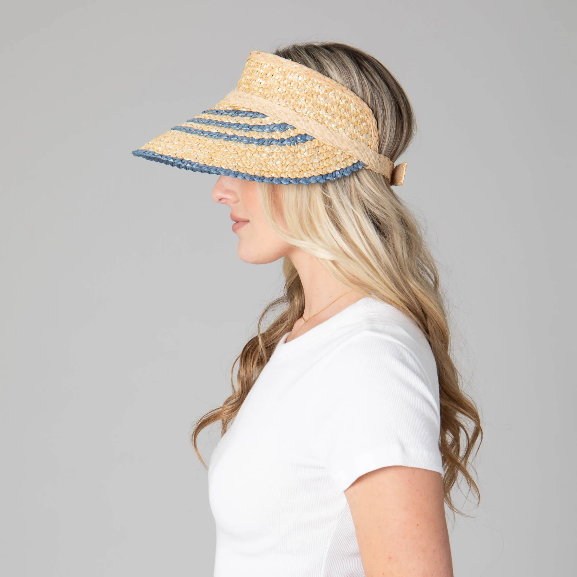 Weekend Getaway - Women's Textured Wheat Straw Visor With Stripe & Velcro Back