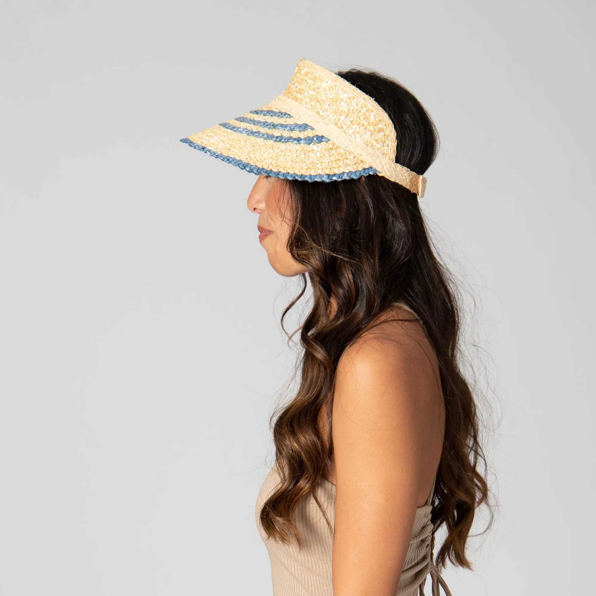 Weekend Getaway - Women's Textured Wheat Straw Visor With Stripe & Velcro Back