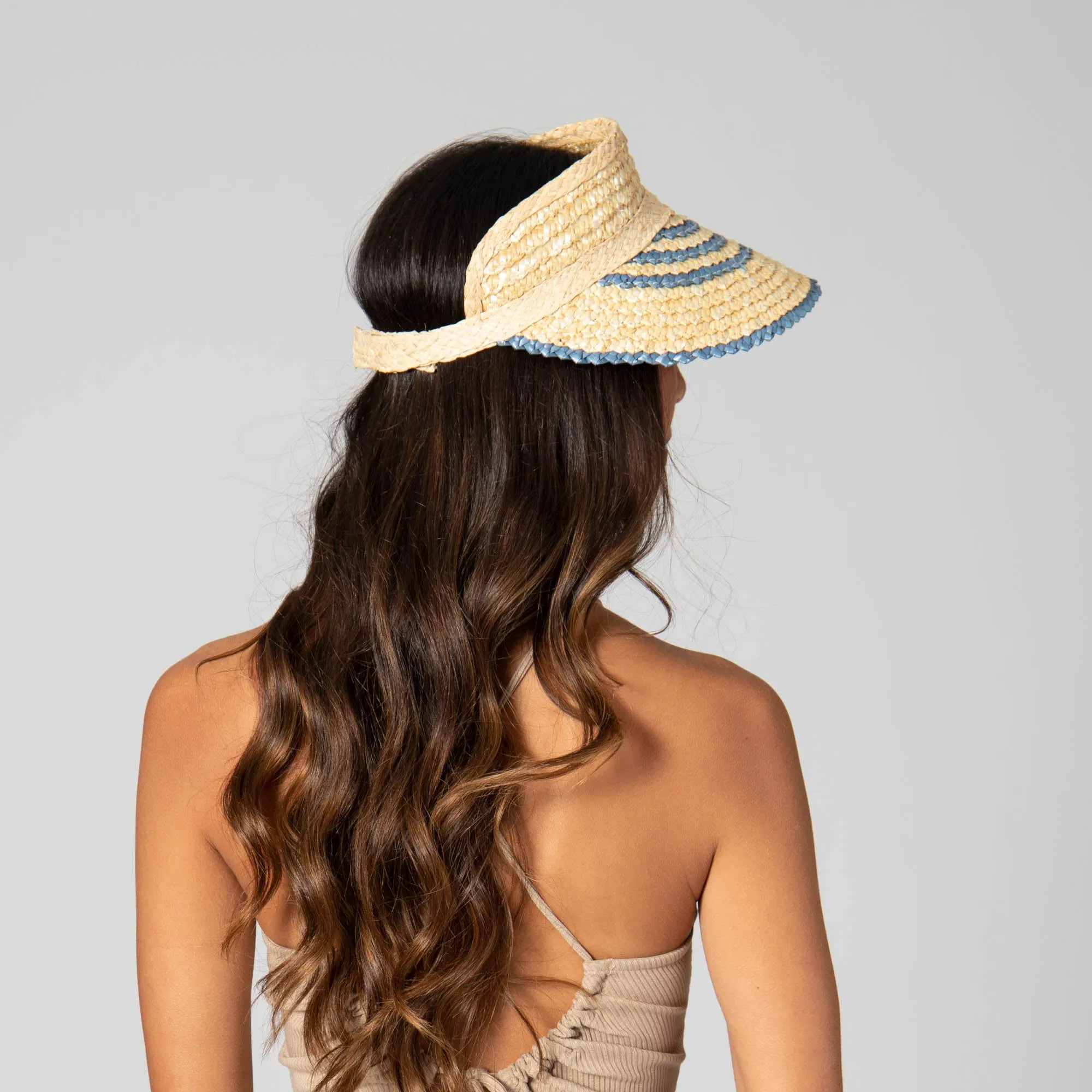 Weekend Getaway - Women's Textured Wheat Straw Visor With Stripe & Velcro Back