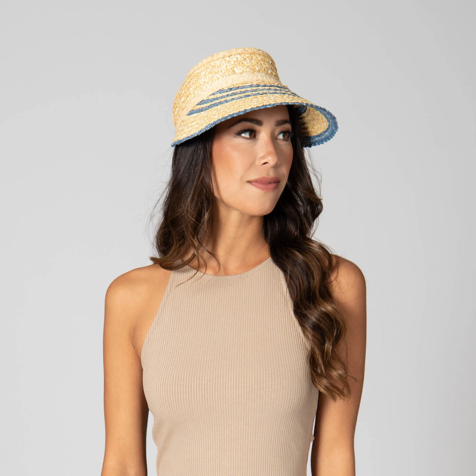 Weekend Getaway - Women's Textured Wheat Straw Visor With Stripe & Velcro Back