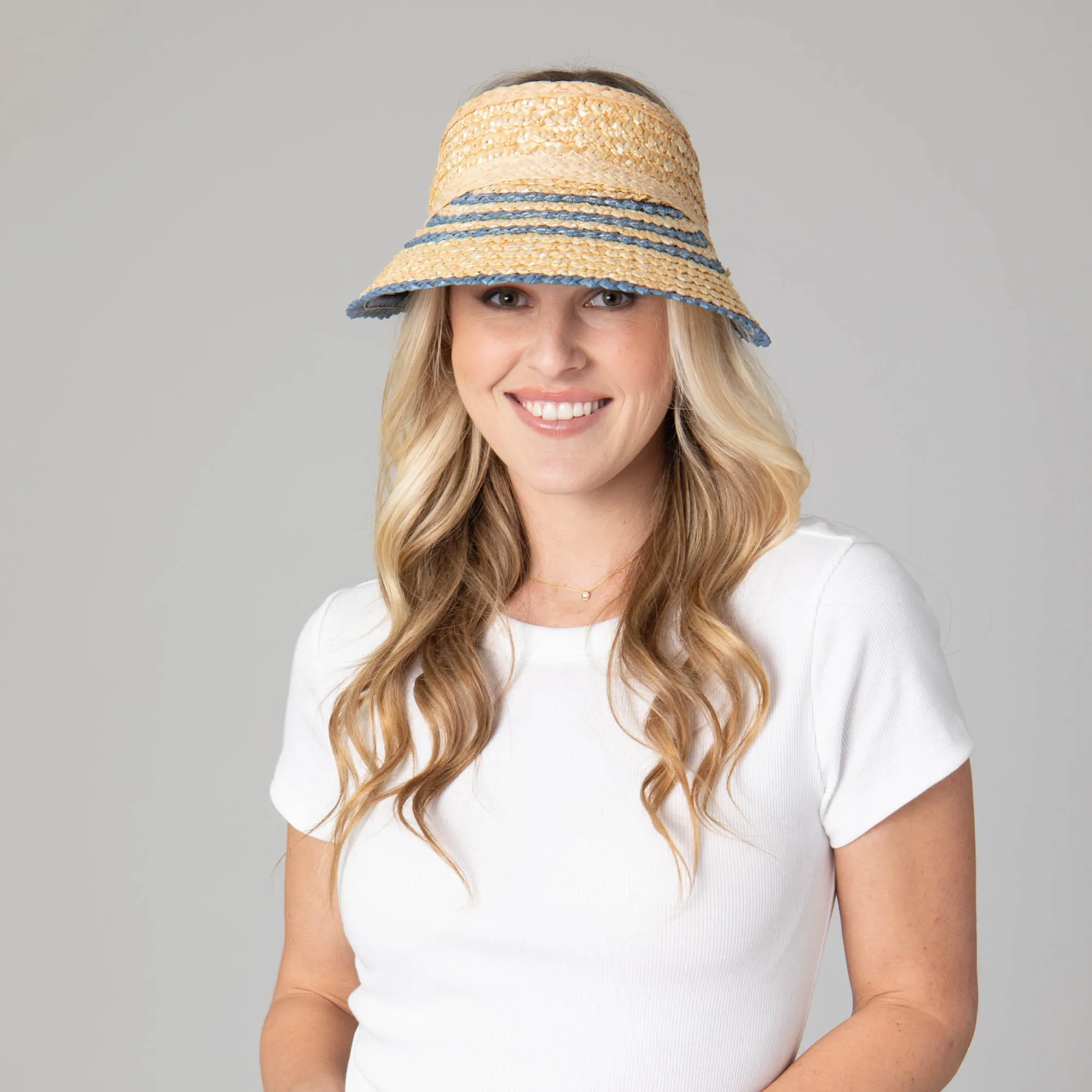 Weekend Getaway - Women's Textured Wheat Straw Visor With Stripe & Velcro Back