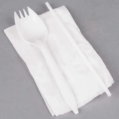 White Spork, Straw & Napkin Wrapped, 3 Piece Kit 1000kits/ctn
