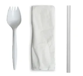 White Spork, Straw & Napkin Wrapped, 3 Piece Kit 1000kits/ctn