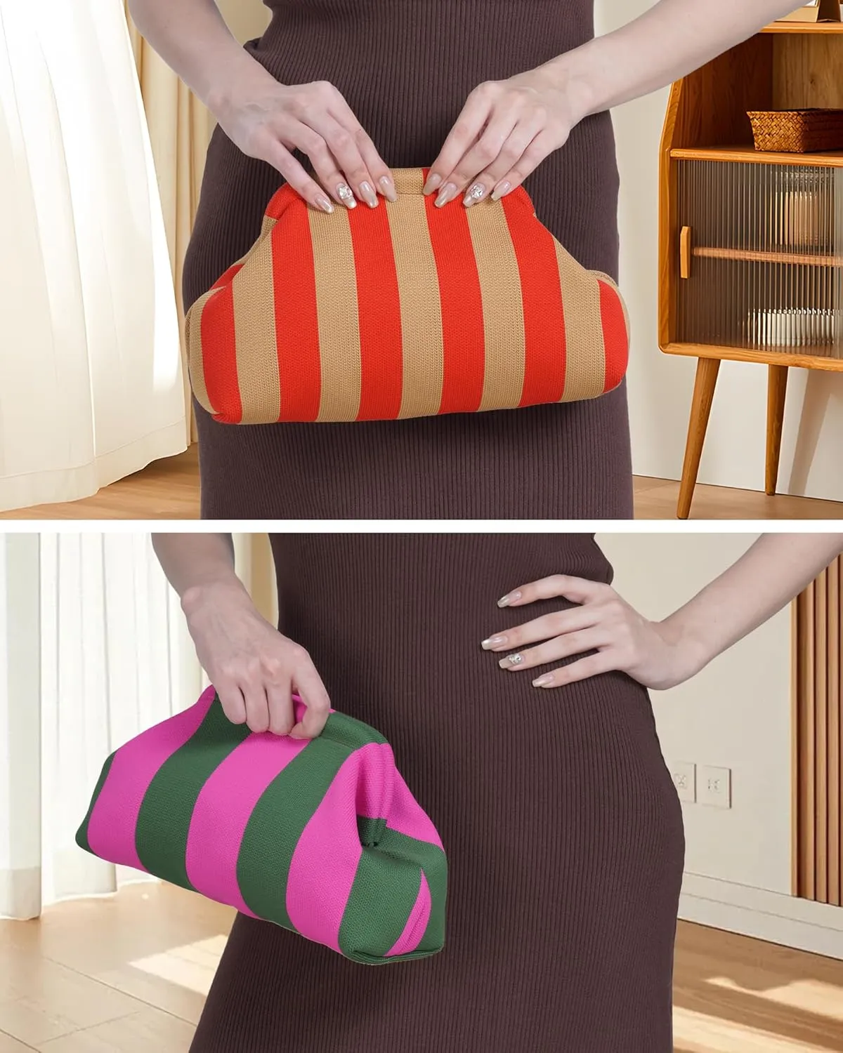 Woven Clutch Purses for Woman,Summer Beach Purse for Vacation, Woven Striped Dumpling Bag,Crochet Evening Handbag