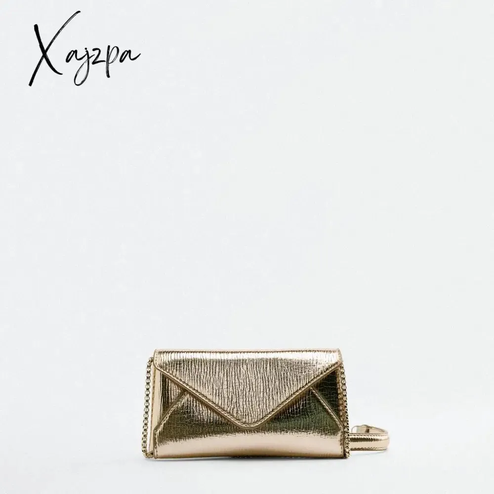 Xajzpa - Fashion Metallic Envelope Crossbody Bags for Women Designer Chains Shoulder Bag Luxury Shiny Pu Leather Small Phone Purses