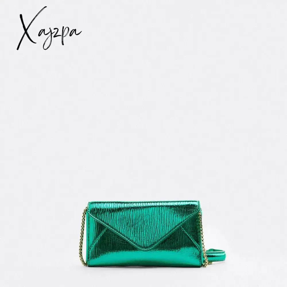Xajzpa - Fashion Metallic Envelope Crossbody Bags for Women Designer Chains Shoulder Bag Luxury Shiny Pu Leather Small Phone Purses