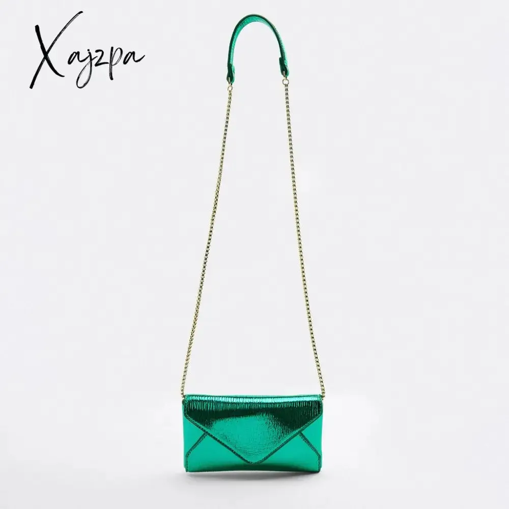 Xajzpa - Fashion Metallic Envelope Crossbody Bags for Women Designer Chains Shoulder Bag Luxury Shiny Pu Leather Small Phone Purses