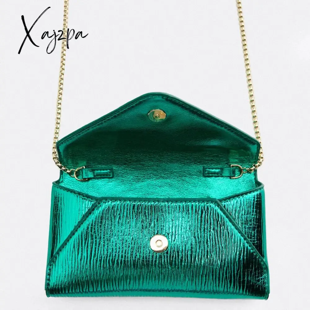 Xajzpa - Fashion Metallic Envelope Crossbody Bags for Women Designer Chains Shoulder Bag Luxury Shiny Pu Leather Small Phone Purses